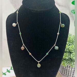 🤍Delicate Silver Tone Stone Bead Station Necklace